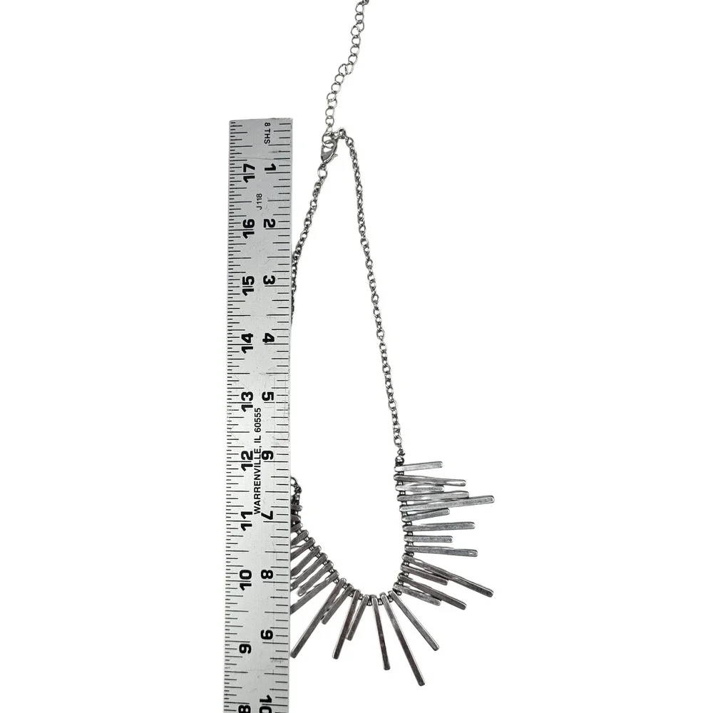 Silver Tone Modernist Necklace Set Textured Oval Pendant & Fringe Sunburst Bar